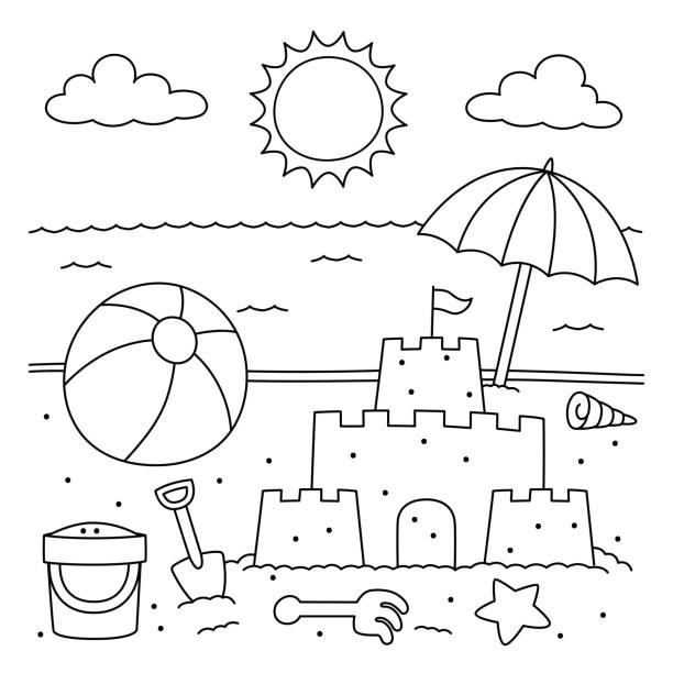 Coloring book sand castle in the sun